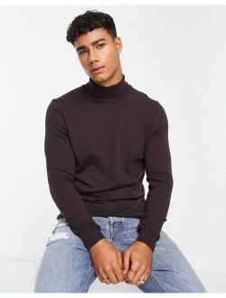 slim fit knit turtle neck sweater in dark brown