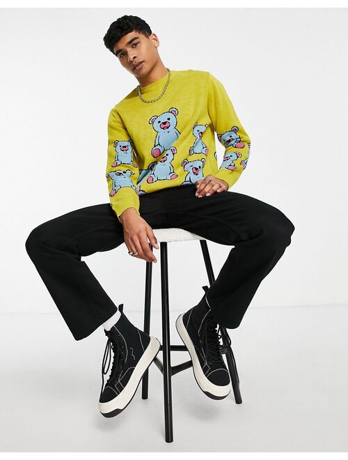 ASOS DESIGN knitted sweater with teddy pattern in yellow