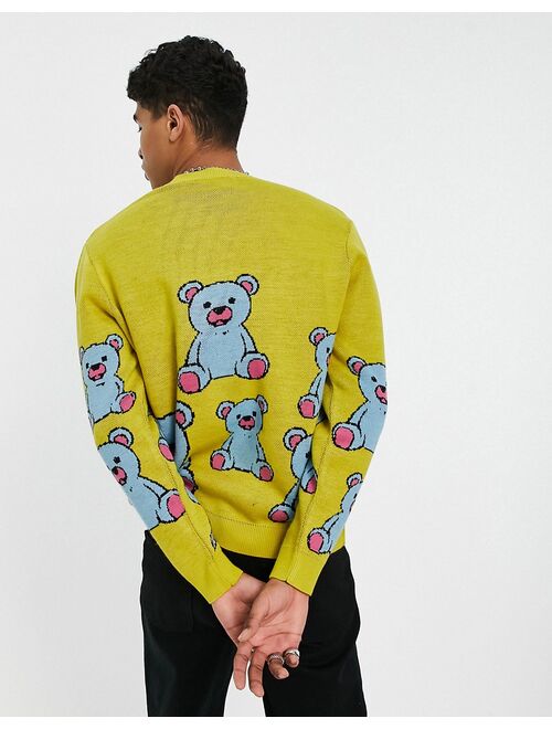 ASOS DESIGN knitted sweater with teddy pattern in yellow