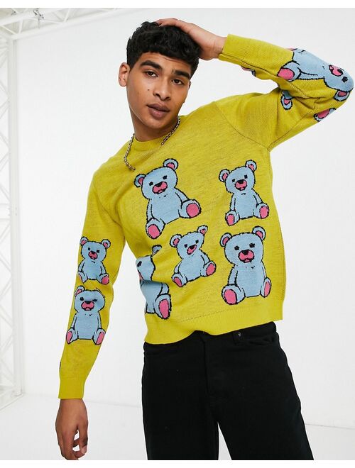 ASOS DESIGN knitted sweater with teddy pattern in yellow