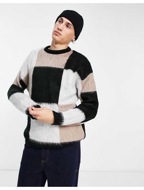 ASOS DESIGN fluffy knit checkerboard sweater in black white and beige