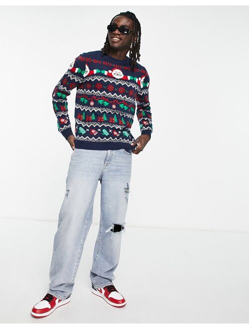 ASOS DESIGN knit Christmas sweater with santa fairisle in blue