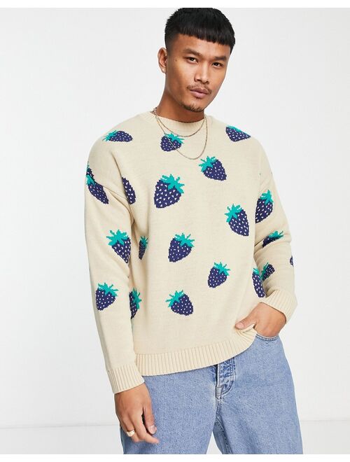 ASOS DESIGN knitted sweater with strawberry design in beige