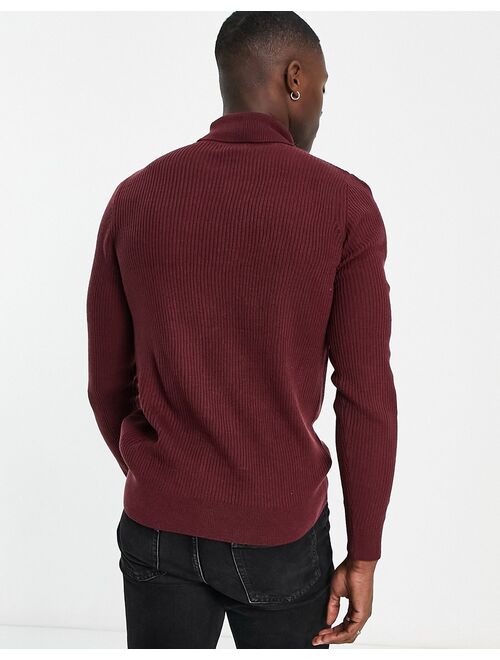 New Look muscle fit roll neck sweater in burgundy