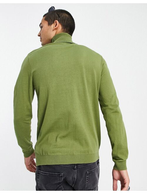 ASOS DESIGN knitted cotton roll neck sweater in khaki