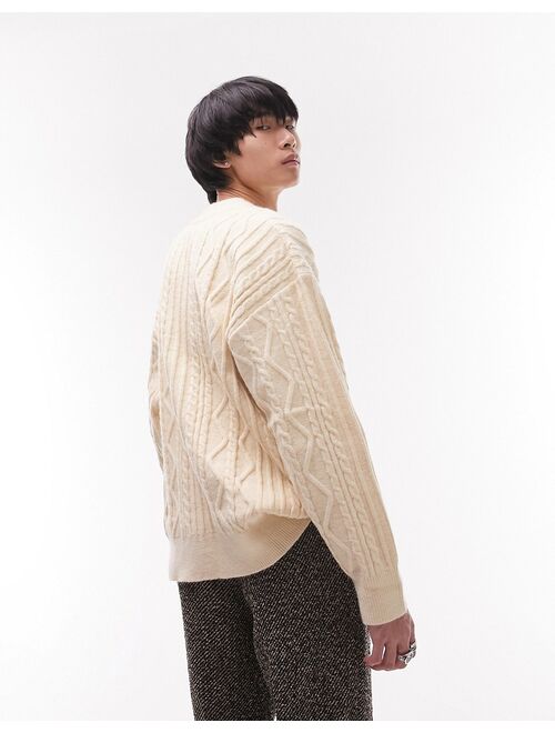 Topman heavyweight cable knit sweater in ecru