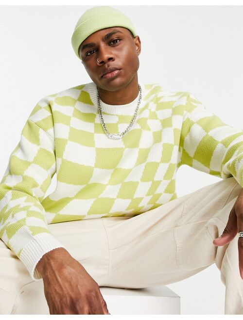 ASOS DESIGN knit checkerboard sweater in lime green