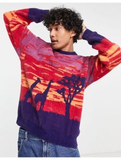 Vintage Supply giraffe sunset knit sweater in purple