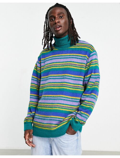 Topman brushed knit stripe turtle neck sweater in blue