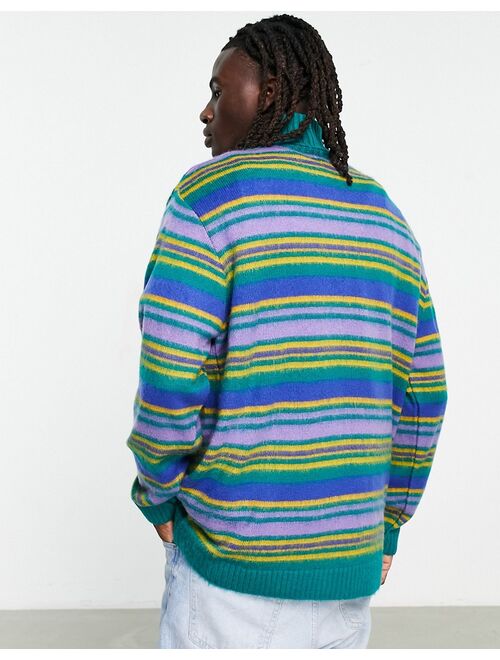 Topman brushed knit stripe turtle neck sweater in blue