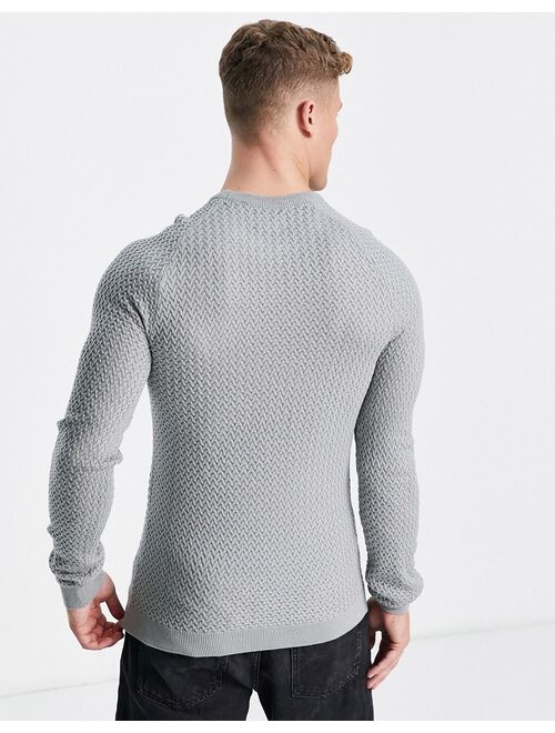 ASOS DESIGN muscle fit textured knit sweater in gray