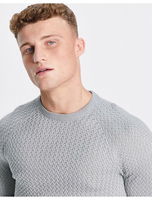 ASOS DESIGN muscle fit textured knit sweater in gray