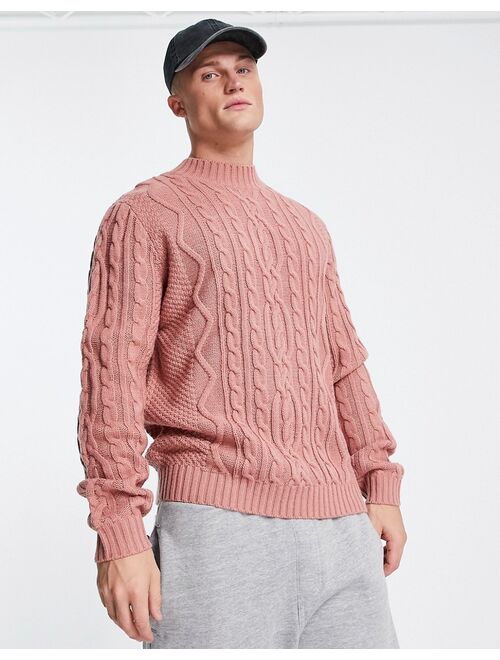 ASOS DESIGN heavyweight cable knit turtle neck sweater in light pink