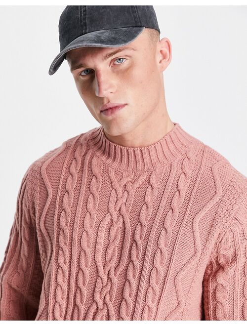 ASOS DESIGN heavyweight cable knit turtle neck sweater in light pink