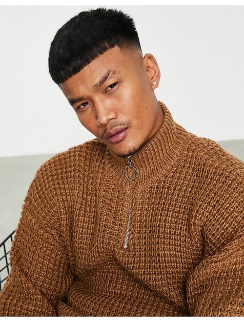 ASOS DESIGN oversized waffle knit half zip sweater in tan