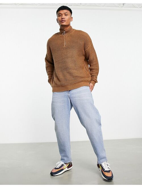 ASOS DESIGN oversized waffle knit half zip sweater in tan