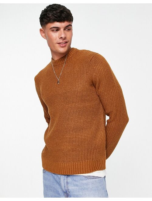 Only & Sons textured crew neck knit sweater in brown