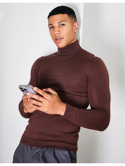 ASOS DESIGN muscle fit premium merino wool turtle neck sweater in brown