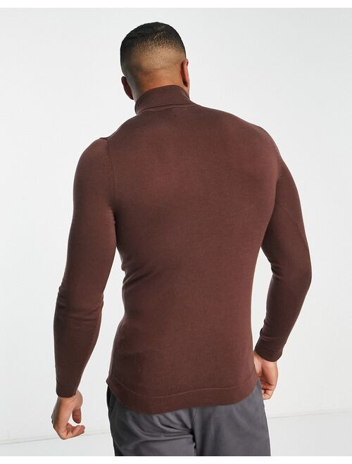 ASOS DESIGN muscle fit premium merino wool turtle neck sweater in brown