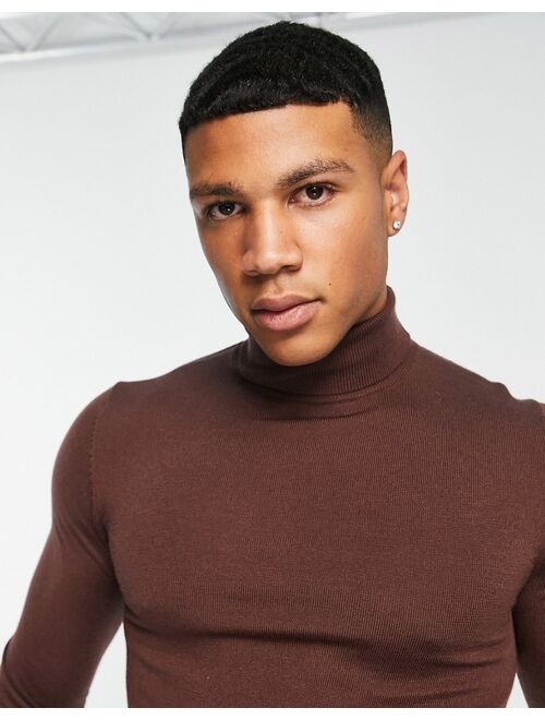 ASOS DESIGN muscle fit premium merino wool turtle neck sweater in brown