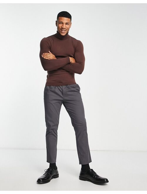 ASOS DESIGN muscle fit premium merino wool turtle neck sweater in brown