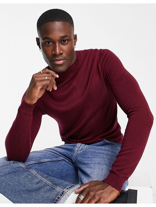 ASOS DESIGN muscle fit premium merino wool turtle neck sweater in burgundy