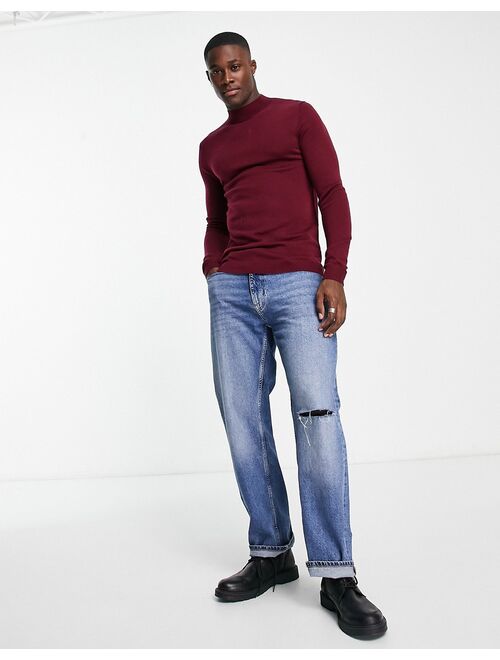 ASOS DESIGN muscle fit premium merino wool turtle neck sweater in burgundy