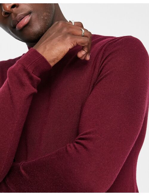 ASOS DESIGN muscle fit premium merino wool turtle neck sweater in burgundy