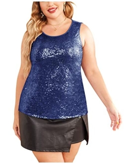 IN'VOLAND Women's Plus Size Sequin Top Shimmer Tank Tops Sparkle Glitter Embellished Sleeveless Vest Sparkly Shirts