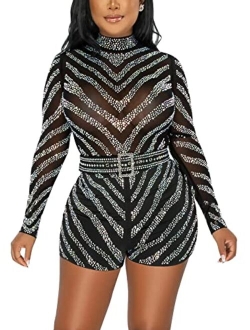 Ekaliy Women's Sexy Sequin Rhinestone Bodycon Club Jumpsuit Mesh Short Jumpsuit Long Sleeve See Through Romper Clubwear