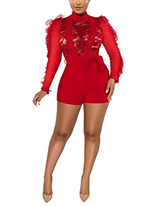 Ekaliy Women's Sexy Sequin Rhinestone Bodycon Club Jumpsuit Mesh Short Jumpsuit Long Sleeve See Through Romper Clubwear