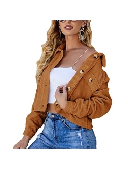 Zontroldy Womens Fashion Cropped Corduroy Plaid Shacket Jacket Button Down Long Sleeve Crop Shirts Jackets Tops