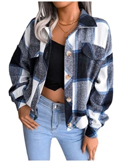 Zontroldy Womens Fashion Cropped Corduroy Plaid Shacket Jacket Button Down Long Sleeve Crop Shirts Jackets Tops