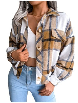 Zontroldy Womens Fashion Cropped Corduroy Plaid Shacket Jacket Button Down Long Sleeve Crop Shirts Jackets Tops