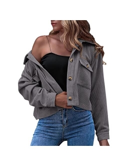 Zontroldy Womens Fashion Cropped Corduroy Plaid Shacket Jacket Button Down Long Sleeve Crop Shirts Jackets Tops