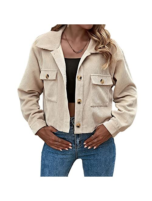 Zontroldy Womens Fashion Cropped Corduroy Plaid Shacket Jacket Button Down Long Sleeve Crop Shirts Jackets Tops