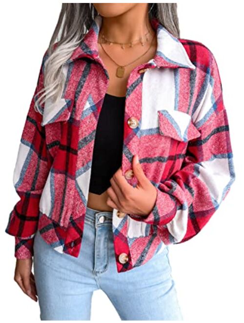 Zontroldy Womens Fashion Cropped Corduroy Plaid Shacket Jacket Button Down Long Sleeve Crop Shirts Jackets Tops