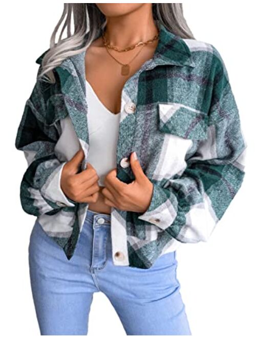 Zontroldy Womens Fashion Cropped Corduroy Plaid Shacket Jacket Button Down Long Sleeve Crop Shirts Jackets Tops