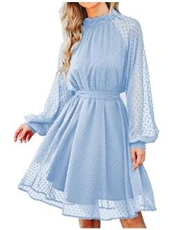 Bbx Lephsnt Women Dresses Long Sleeve Wedding Guest Dresses Flowy Chiffon Swiss Dot Casual Midi Dress with Belt