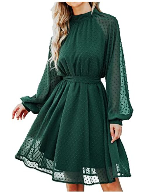 Bbx Lephsnt Women Dresses Long Sleeve Wedding Guest Dresses Flowy Chiffon Swiss Dot Casual Midi Dress with Belt