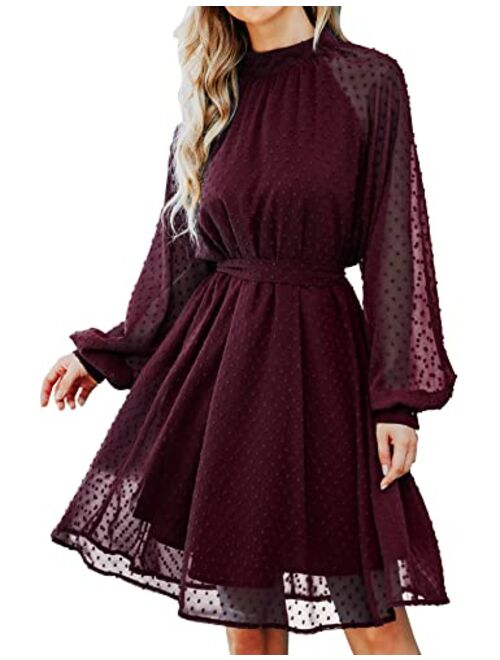 Bbx Lephsnt Women Dresses Long Sleeve Wedding Guest Dresses Flowy Chiffon Swiss Dot Casual Midi Dress with Belt