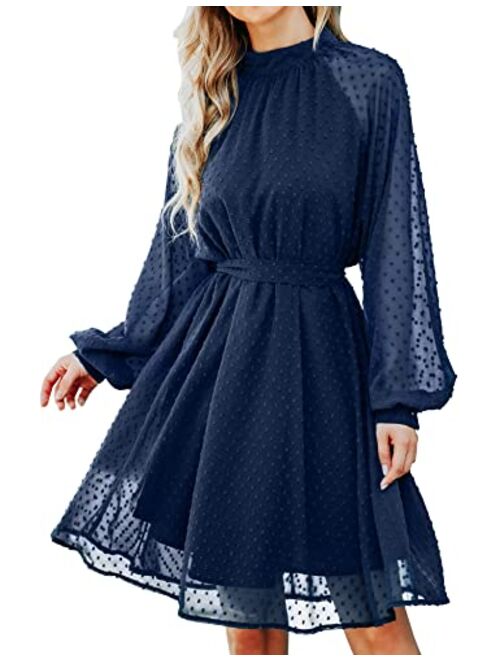 Bbx Lephsnt Women Dresses Long Sleeve Wedding Guest Dresses Flowy Chiffon Swiss Dot Casual Midi Dress with Belt