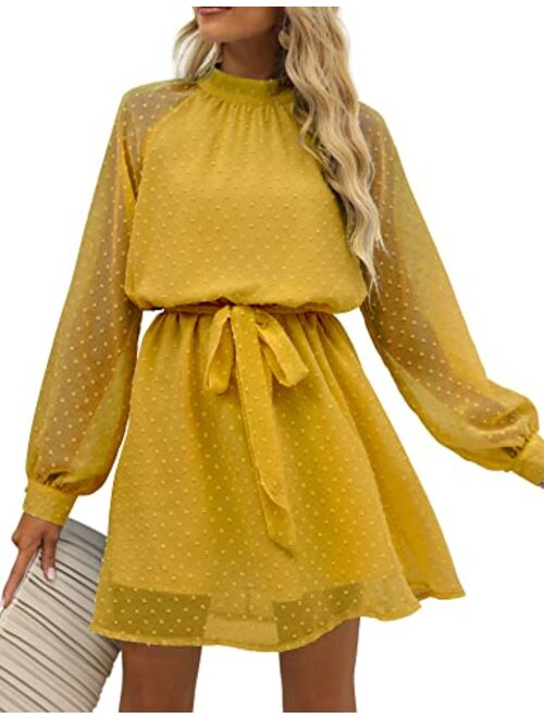 Bbx Lephsnt Women Dresses Long Sleeve Wedding Guest Dresses Flowy Chiffon Swiss Dot Casual Midi Dress with Belt