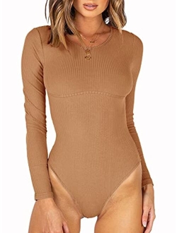 Womens Fashion Crew Neck Long Sleeve Underbust Detailing T Shirts Knit Ribbed Bodysuits Tops