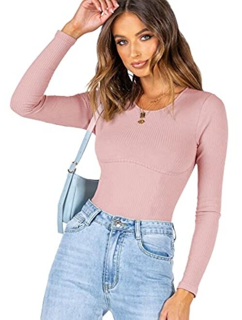 REORIA Womens Fashion Crew Neck Long Sleeve Underbust Detailing T Shirts Knit Ribbed Bodysuits Tops