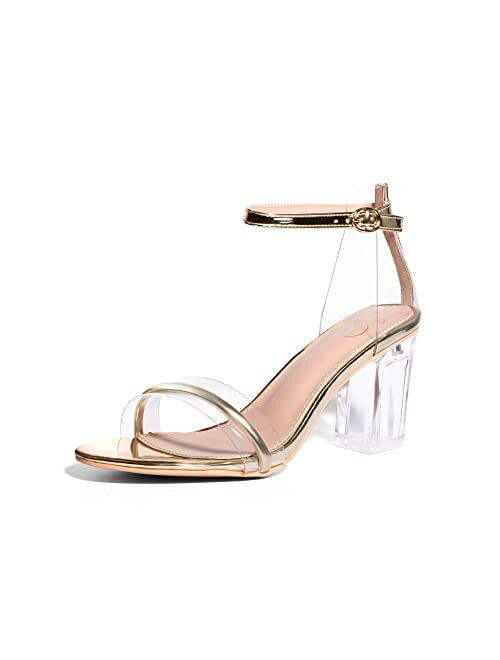 Oripalla ORIPLALLA Clear Heels for Women Sexy Block Heels Chunky Sandals Ankle Strap Wedding Dress Pump Shoes Non Slip Bride