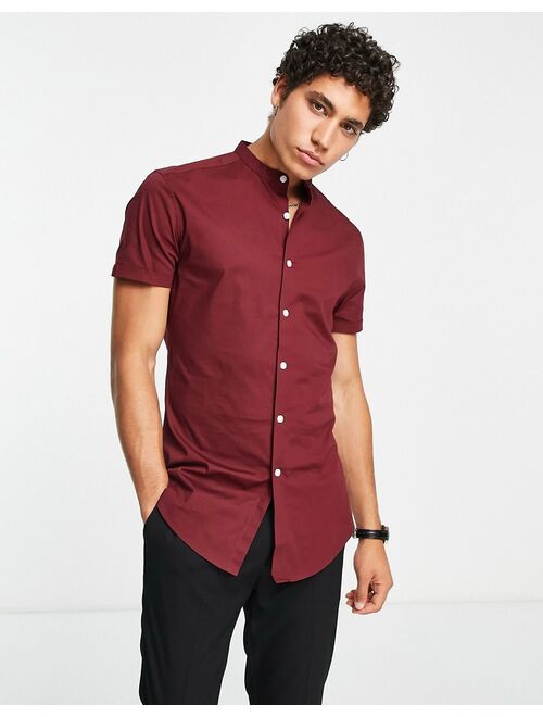 ASOS DESIGN skinny fit shirt with band collar in burgundy