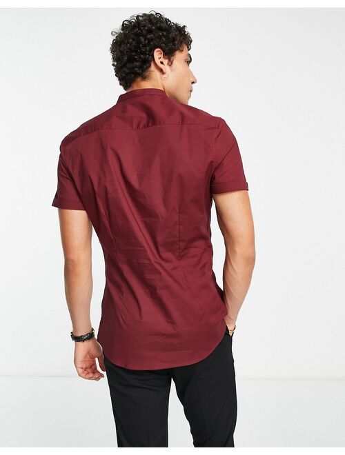 ASOS DESIGN skinny fit shirt with band collar in burgundy