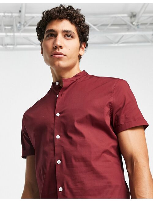 ASOS DESIGN skinny fit shirt with band collar in burgundy