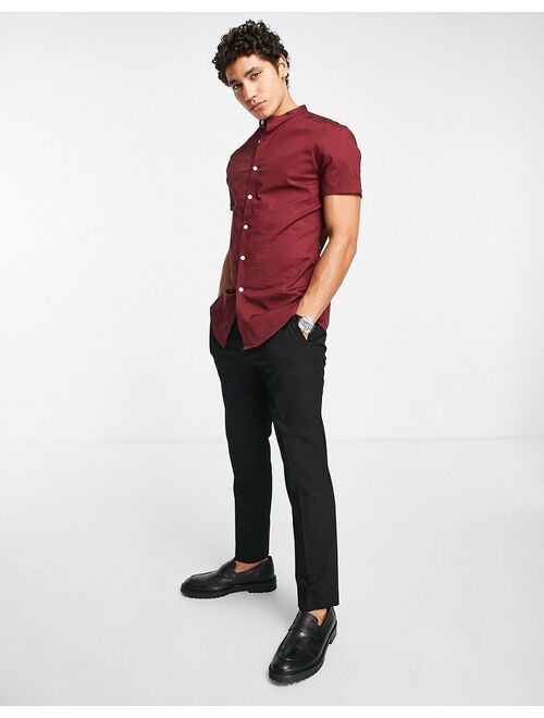 ASOS DESIGN skinny fit shirt with band collar in burgundy